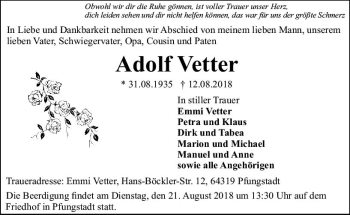 Traueranzeige von Adolf Vetter von vrm-trauer