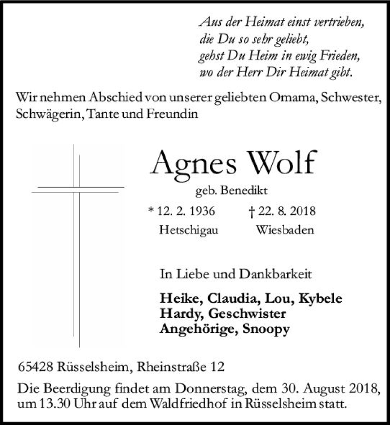  Traueranzeige für Agnes Wolf vom 25.08.2018 aus vrm-trauer