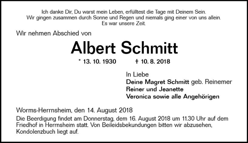  Traueranzeige für Albert Schmitt vom 14.08.2018 aus vrm-trauer