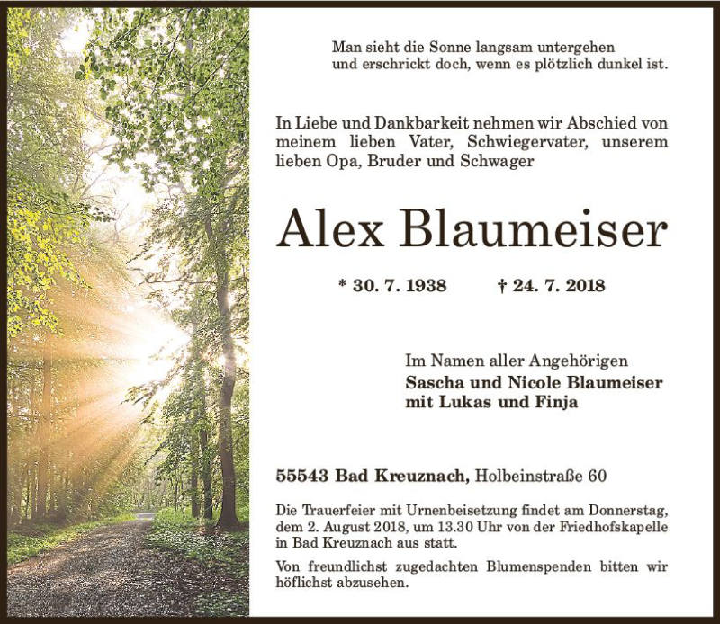  Traueranzeige für Alex Blaumeiser vom 01.08.2018 aus vrm-trauer