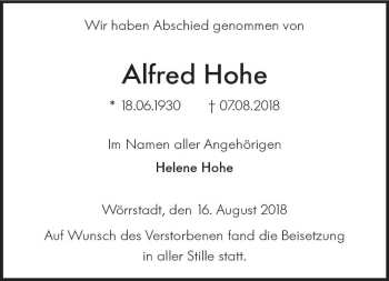 Traueranzeige von Alfred Hohe von vrm-trauer