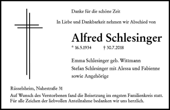 Traueranzeige von Alfred Schlesinger von vrm-trauer