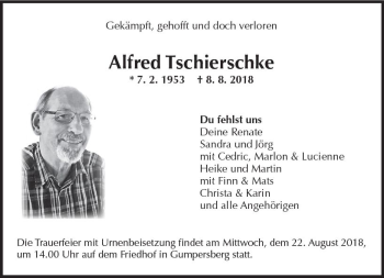 Traueranzeige von Alfred Tschierschke von vrm-trauer