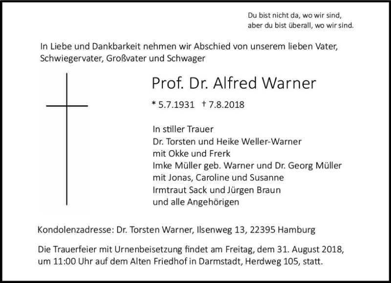 Traueranzeige für Alfred Warner vom 18.08.2018 aus vrm-trauer