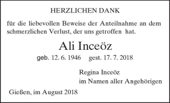 Traueranzeige von Ali Inceöz von  Gießener Anzeiger