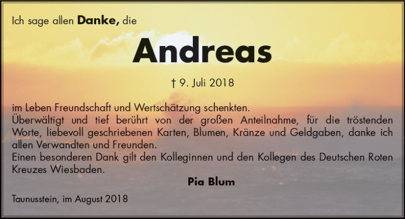  Traueranzeige für Andreas Blum vom 11.08.2018 aus vrm-trauer