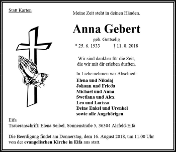 Traueranzeige von Anna Gebert von VRM Trauer