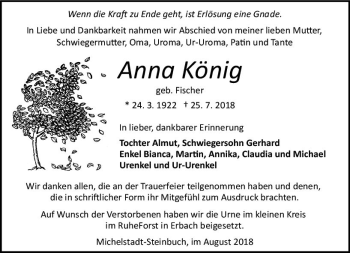 Traueranzeige von Anna König von vrm-trauer