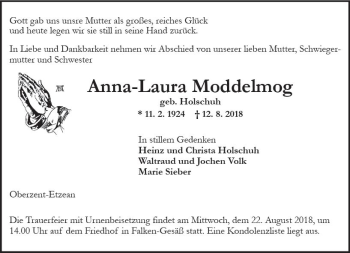 Traueranzeige von Anna-Laura Moddelmog von vrm-trauer