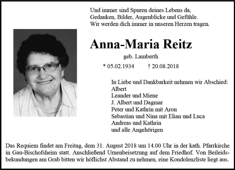  Traueranzeige für Anna-Maria Reitz vom 25.08.2018 aus vrm-trauer