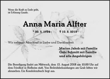Traueranzeige von Anna Maria Alfter von vrm-trauer