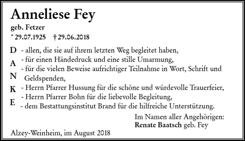  Traueranzeige für Anneliese Fey vom 04.08.2018 aus vrm-trauer