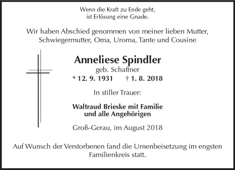  Traueranzeige für Anneliese Spindler vom 11.08.2018 aus vrm-trauer