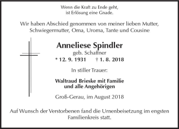 Traueranzeige von Anneliese Spindler von vrm-trauer