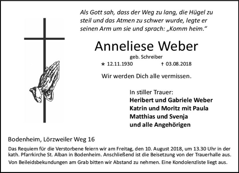  Traueranzeige für Anneliese Weber vom 08.08.2018 aus vrm-trauer
