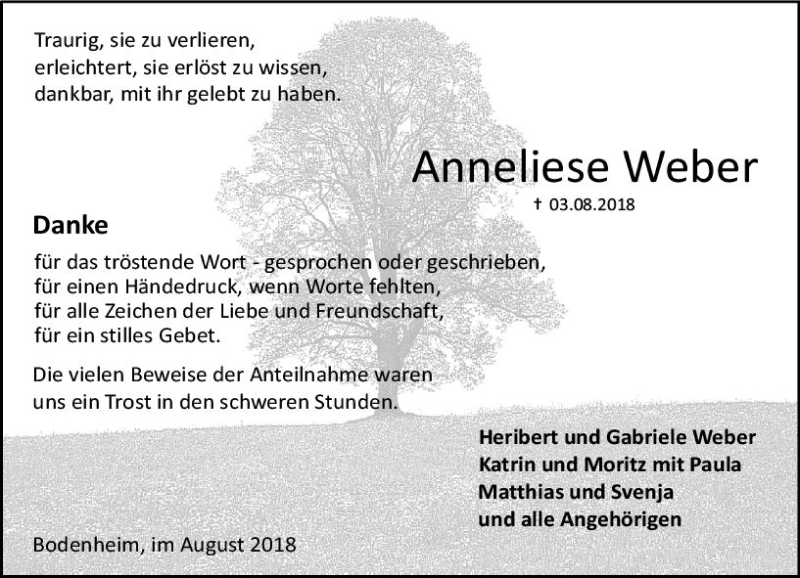  Traueranzeige für Anneliese Weber vom 25.08.2018 aus vrm-trauer