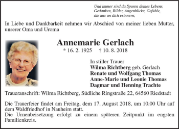 Traueranzeige von Annemarie Gerlach von vrm-trauer