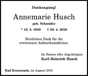 Traueranzeige von Annemarie Husch von vrm-trauer