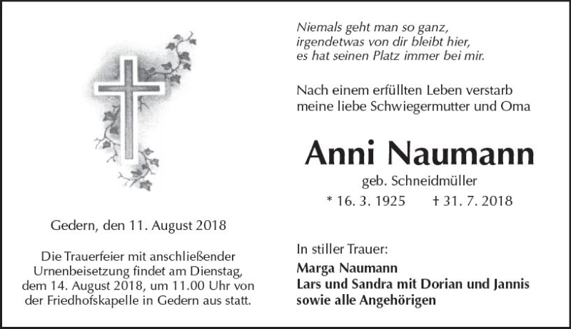  Traueranzeige für Anni Naumann vom 11.08.2018 aus  Kreisanzeiger