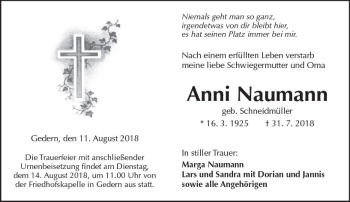 Traueranzeige von Anni Naumann von  Kreisanzeiger
