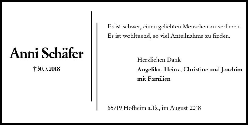  Traueranzeige für Anni Schäfer vom 31.08.2018 aus vrm-trauer