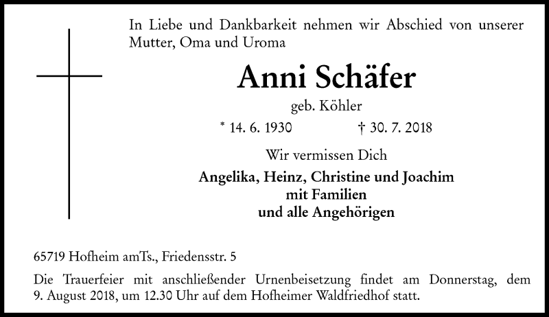  Traueranzeige für Anni Schäfer vom 03.08.2018 aus vrm-trauer