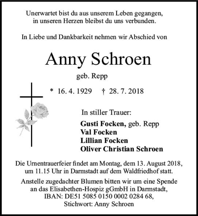  Traueranzeige für Anny Schroen vom 09.08.2018 aus vrm-trauer