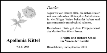 Traueranzeige von Apollonia Kittel von vrm-trauer
