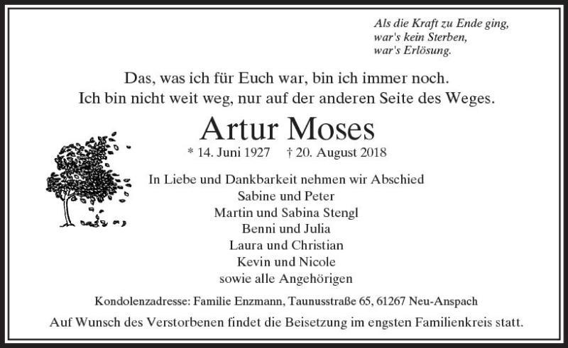  Traueranzeige für Artur Moses vom 25.08.2018 aus  Usinger Anzeiger