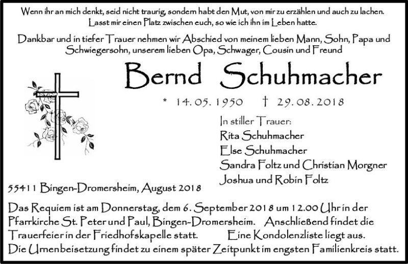  Traueranzeige für Bernd Schuhmacher vom 01.09.2018 aus vrm-trauer