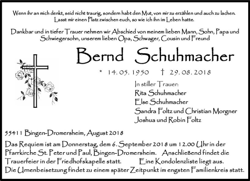  Traueranzeige für Bernd Schuhmacher vom 01.09.2018 aus vrm-trauer