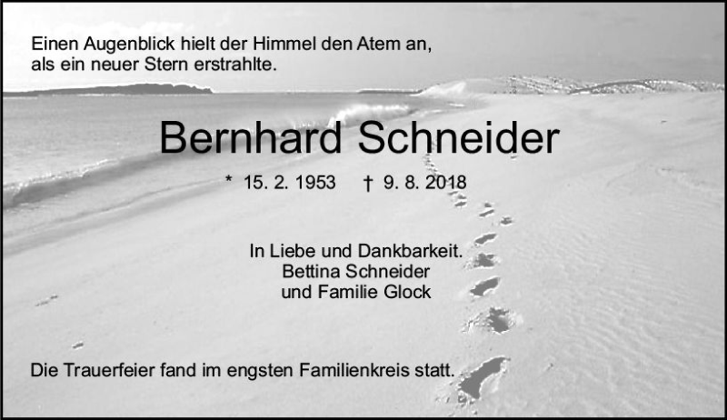  Traueranzeige für Bernhard Schneider vom 25.08.2018 aus vrm-trauer