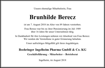 Traueranzeige von Brunhilde Berecz von vrm-trauer
