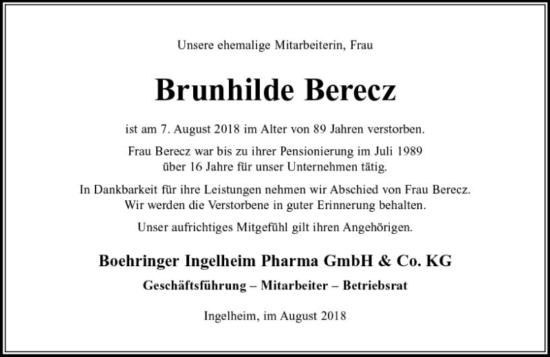  Traueranzeige für Brunhilde Berecz vom 30.08.2018 aus vrm-trauer