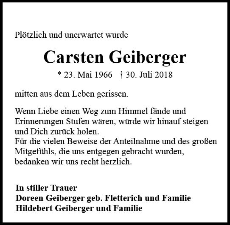  Traueranzeige für Carsten Geiberger vom 11.08.2018 aus vrm-trauer