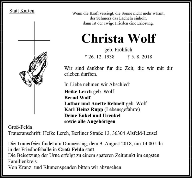  Traueranzeige für Christa Wolf vom 07.08.2018 aus VRM Trauer