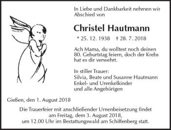 Traueranzeige von Christel Hautmann von  Gießener Anzeiger