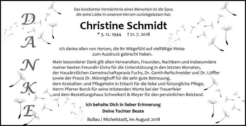  Traueranzeige für Christine Schmidt vom 25.08.2018 aus vrm-trauer