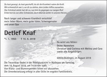 Traueranzeige von Detlef Knaf von  Kreisanzeiger