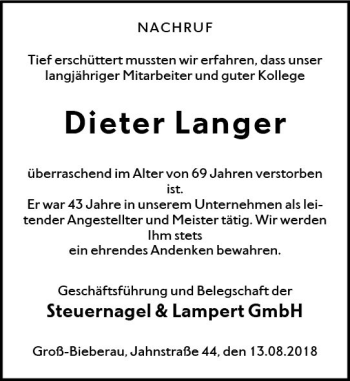 Traueranzeige von Dieter Langer von vrm-trauer