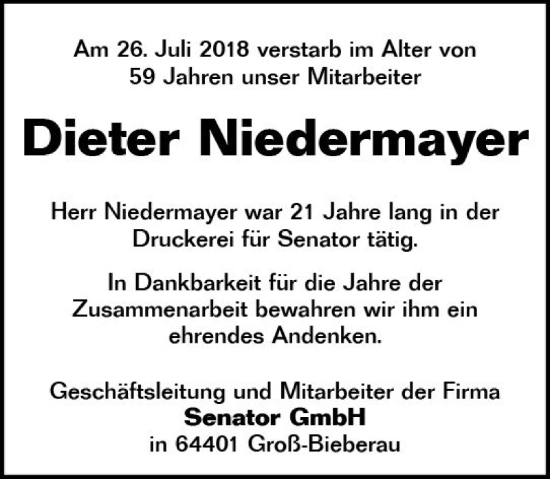  Traueranzeige für Dieter Niedermayer vom 02.08.2018 aus vrm-trauer