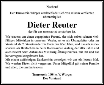 Traueranzeige von Dieter Reuter von  Camberger Anzeiger