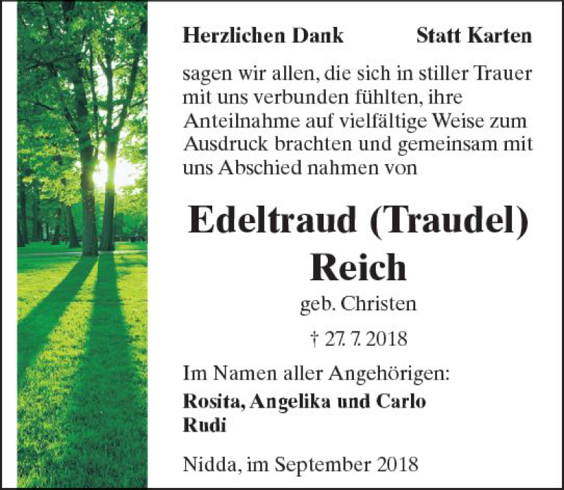  Traueranzeige für Edeltraud Reich vom 01.09.2018 aus  Kreisanzeiger