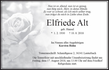 Traueranzeige von Elfriede Alt von VRM Trauer