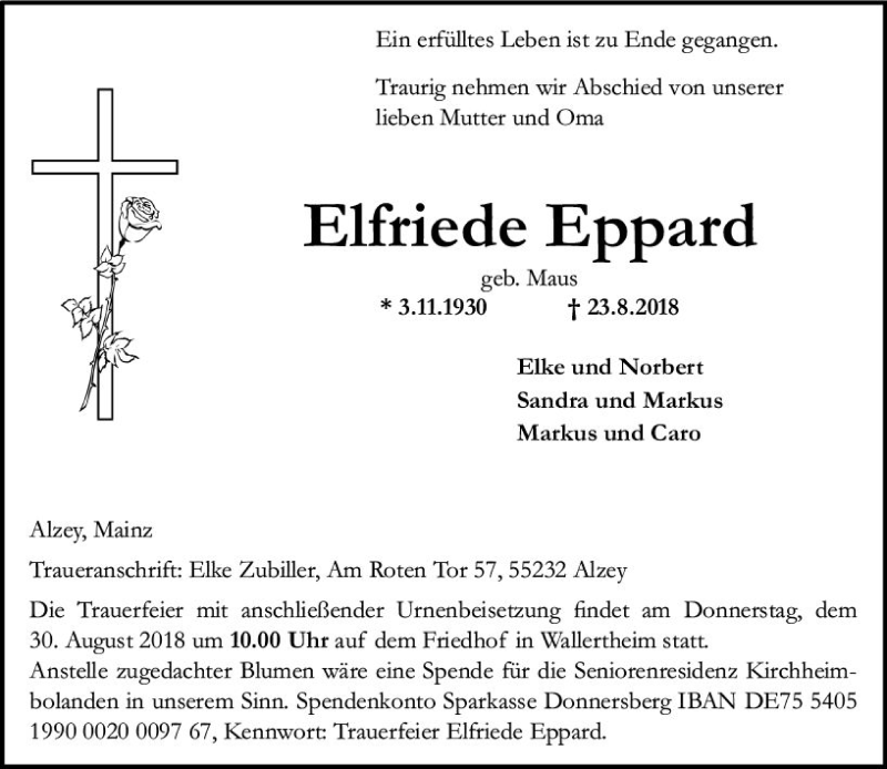  Traueranzeige für Elfriede Eppard vom 27.08.2018 aus vrm-trauer