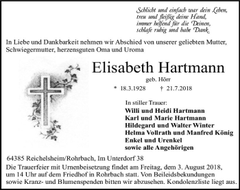 Traueranzeige von Elisabeth Hartmann von vrm-trauer
