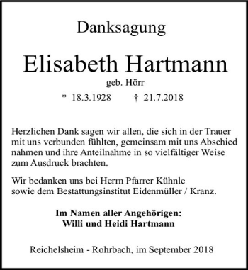 Traueranzeige von Elisabeth Hartmann von vrm-trauer