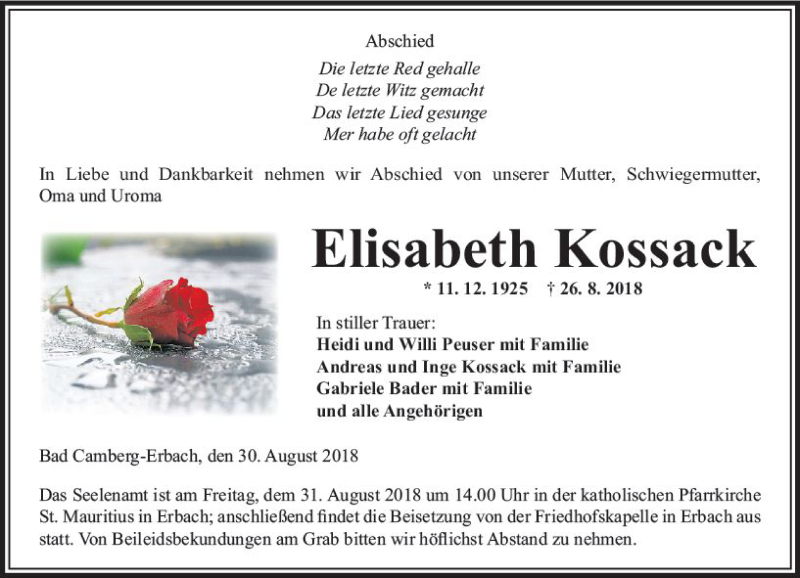  Traueranzeige für Elisabeth Kossack vom 30.08.2018 aus  Camberger Anzeiger
