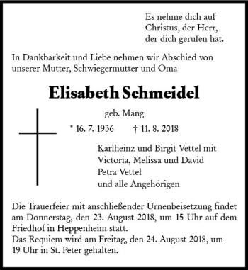 Traueranzeige von Elisabeth Schmeidel von vrm-trauer