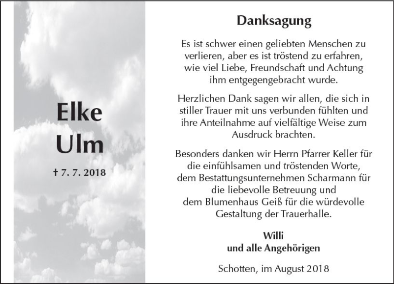  Traueranzeige für Elke Ulm vom 04.08.2018 aus  Kreisanzeiger